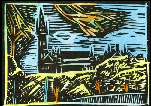 "Glasgow University Through Trees" Lino Cut framed  Print