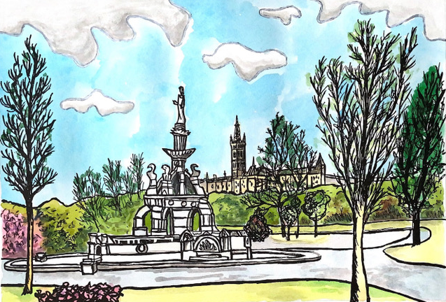 Gerahmter Druck der Universität Glasgow und des Kelvingrove Park