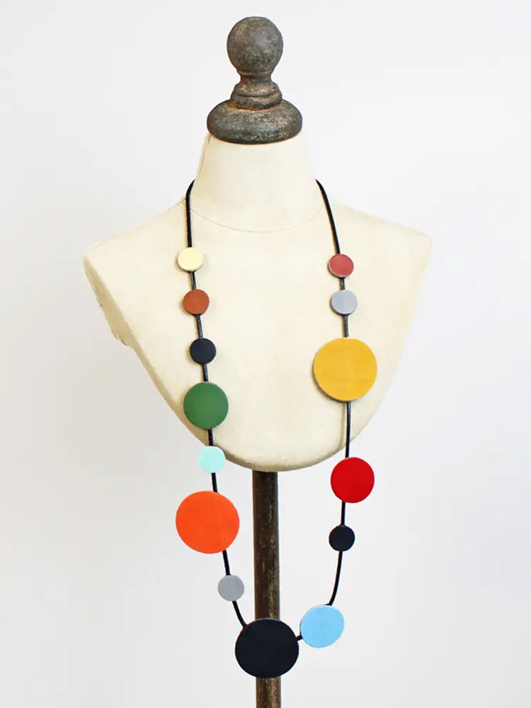 Long Single-Strand Leather Disc Necklace