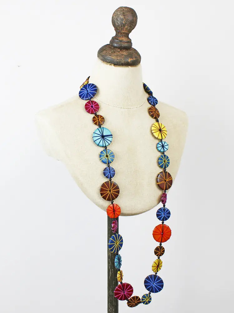 Long Wooden Disc & Thread Necklace