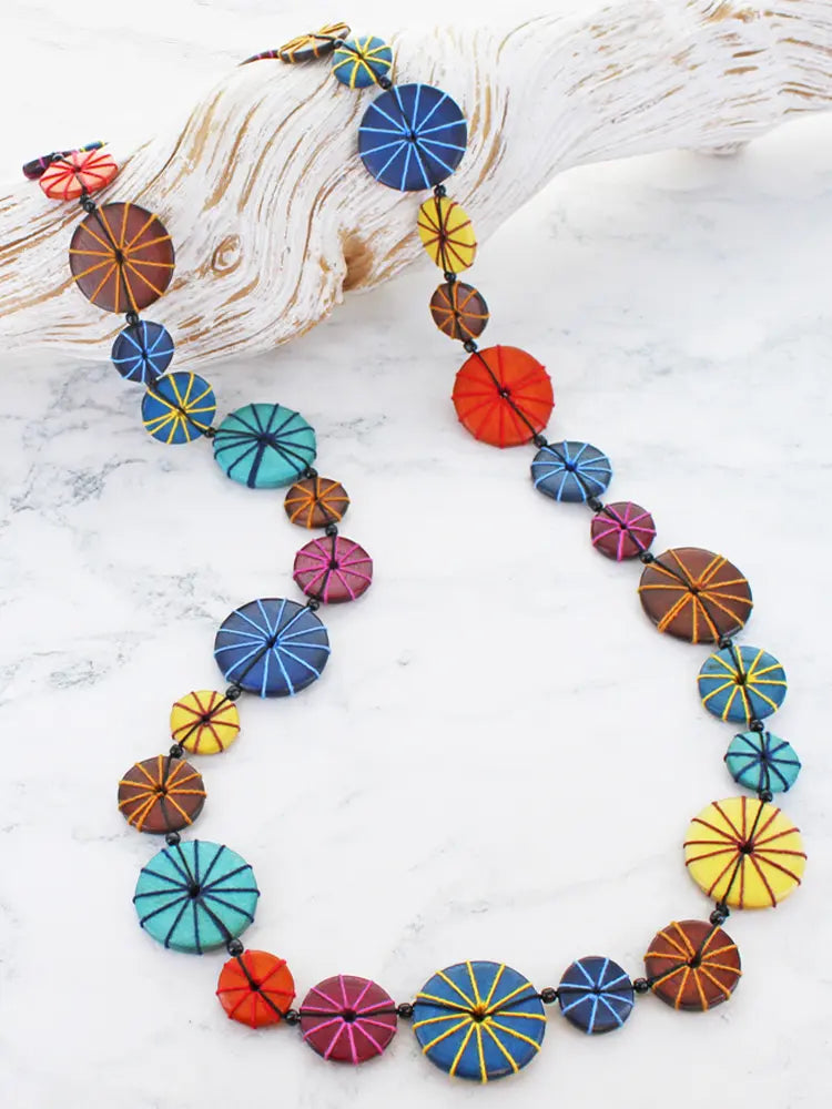 Long Wooden Disc & Thread Necklace