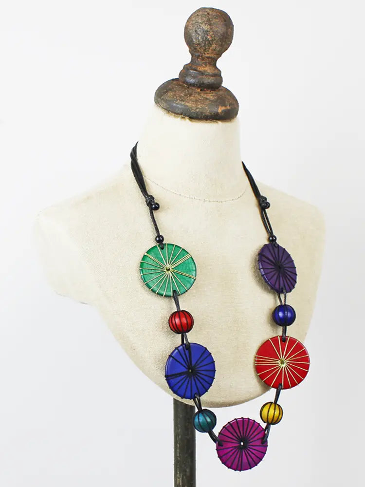 Long Wooden Disc & Ball Necklace