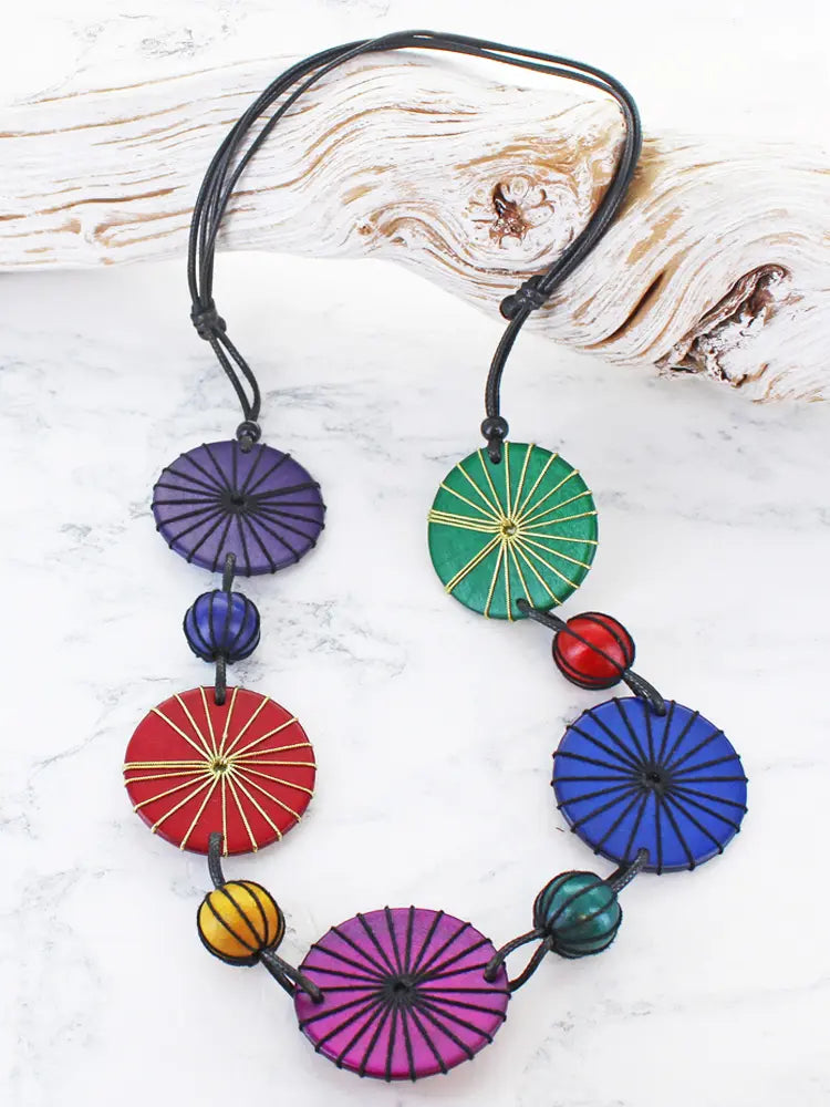 Long Wooden Disc & Ball Necklace