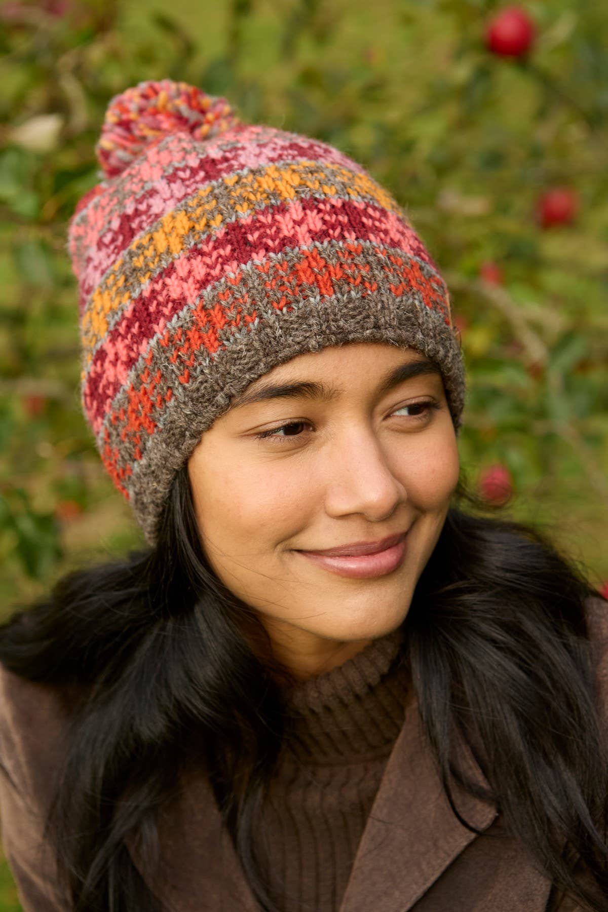 Tintagel Earth Fair Isle Pattern Bobble Hat Fine Knit Wool: Warm