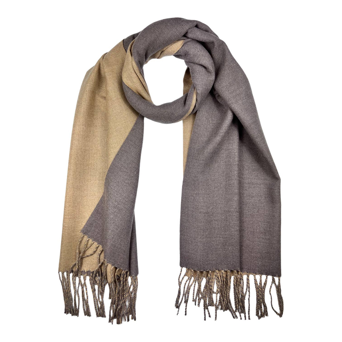 Reversible two tone coloured plain cashmere blend scarf: Brown