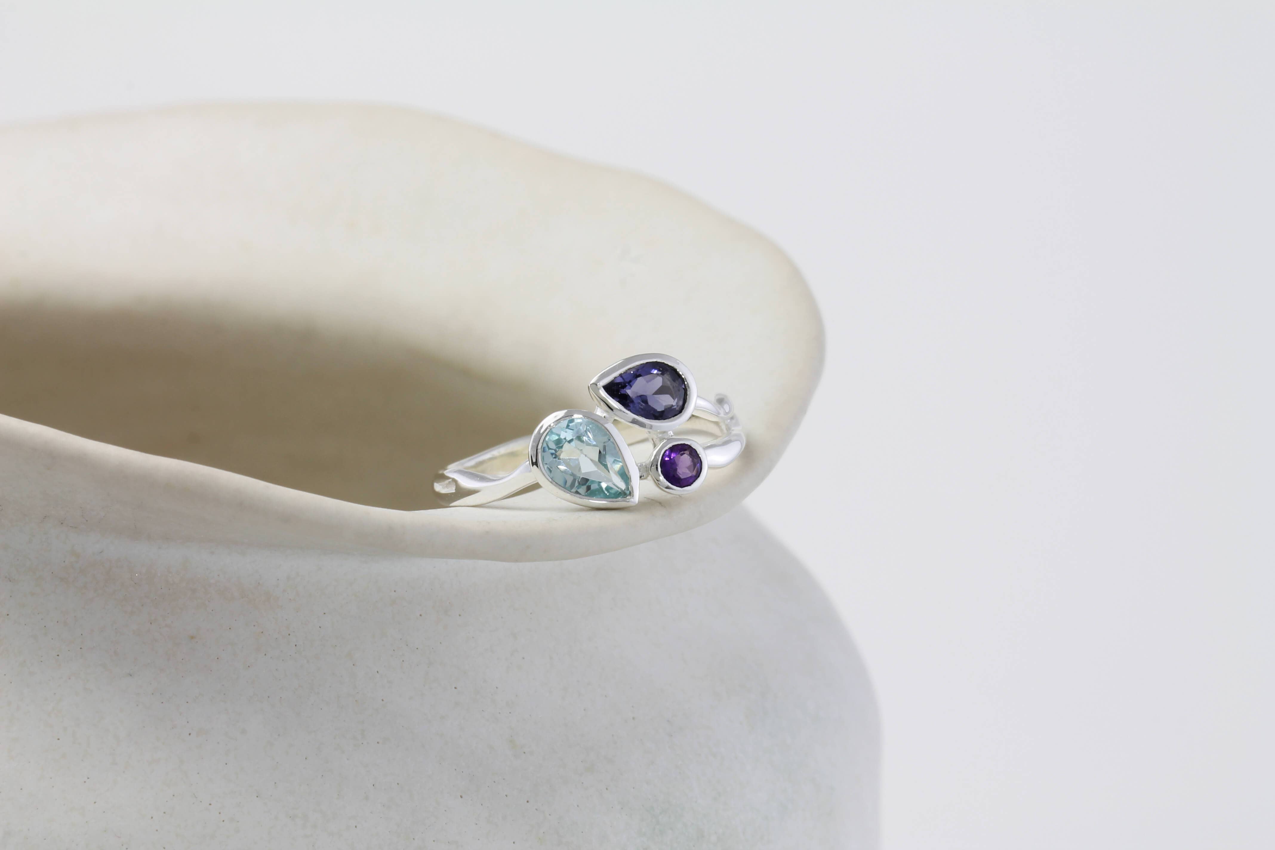 Blue Topaz Iolite and Amethyst Ring