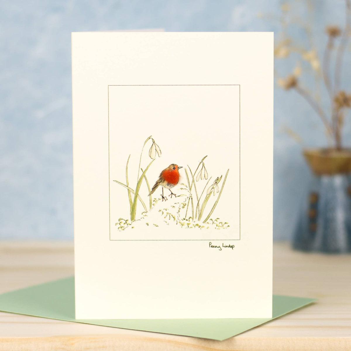 Robin & Snowdrop Greetings Card with Wool Finish | Floral