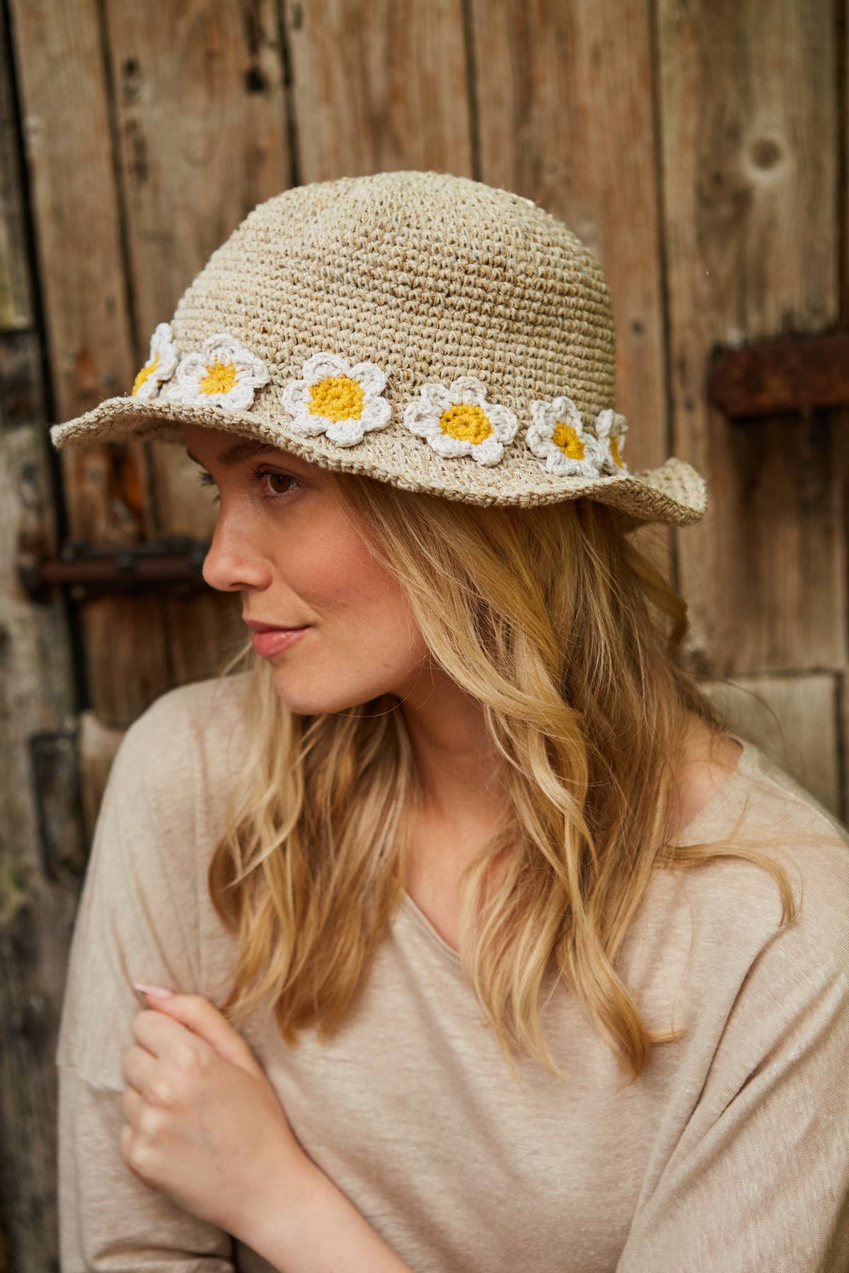 Crocheted Hemp Cotton Sun Hat Embroidered Daisy Chain Oat: One Colour
