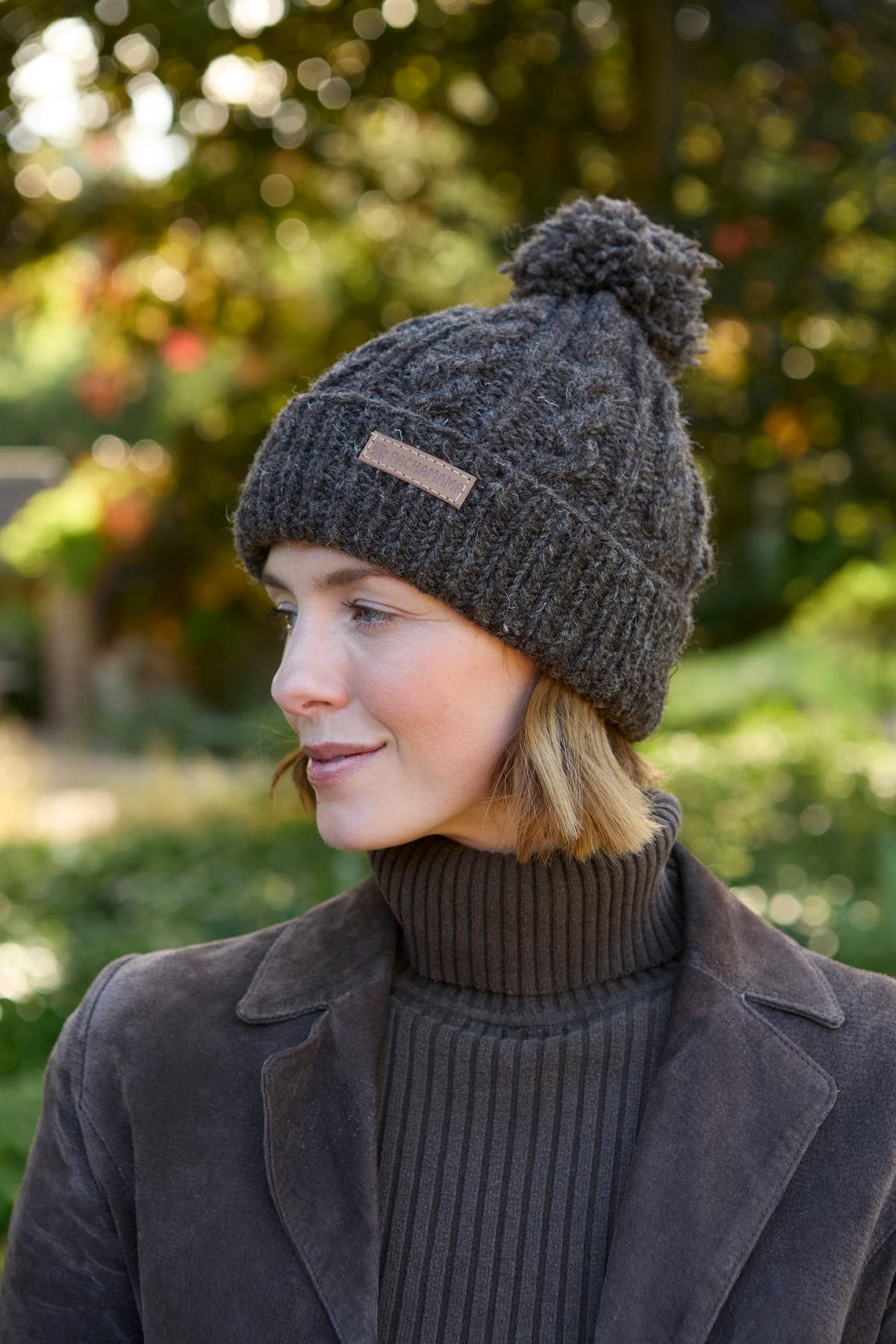 Chamonix - Cable Knit Sherpa Lined Wool Winter Bobble Hat Bark: Bark
