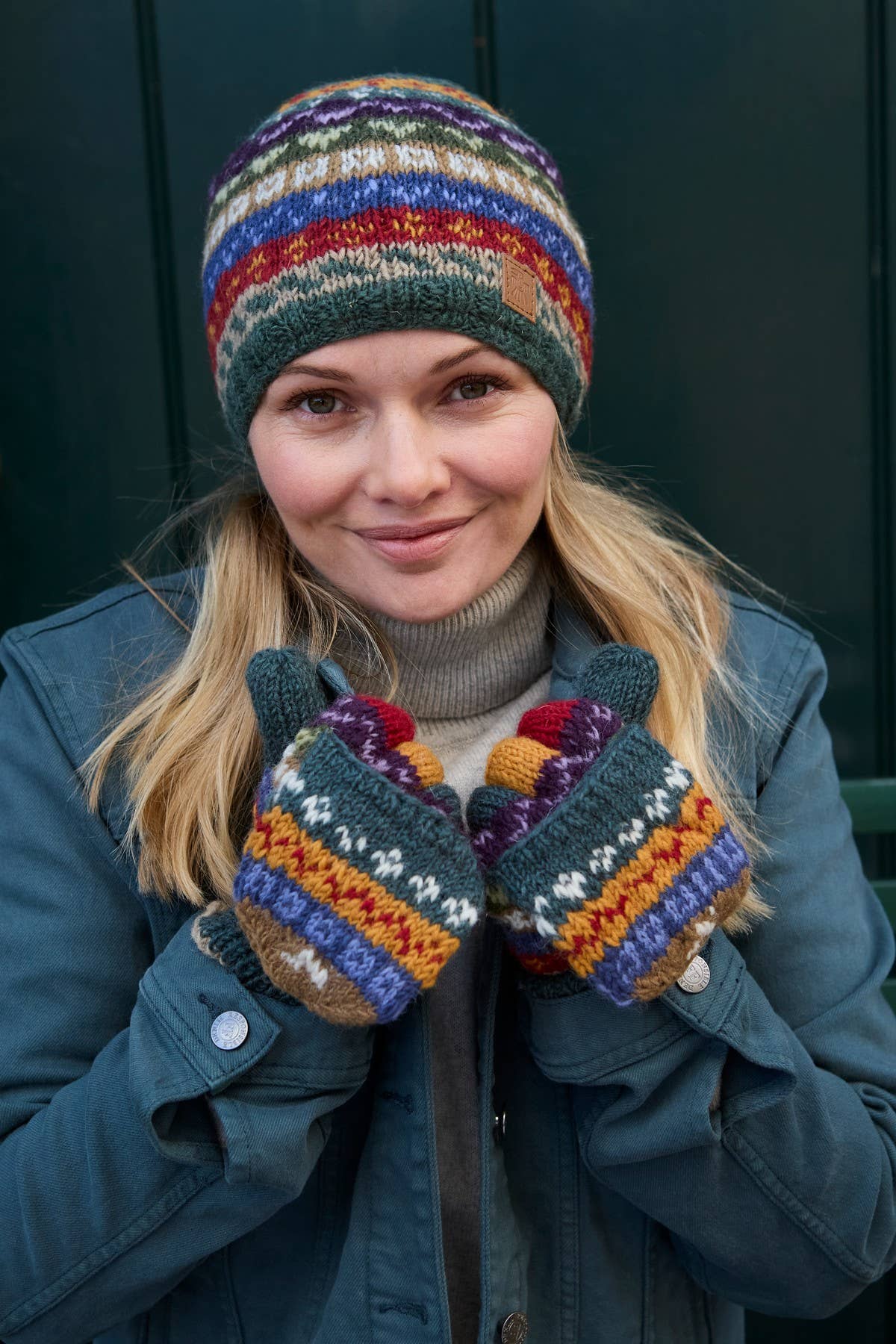 Elveden - Knitted Wool Earthy Green Fair Isle Beanie Hat: One Colour