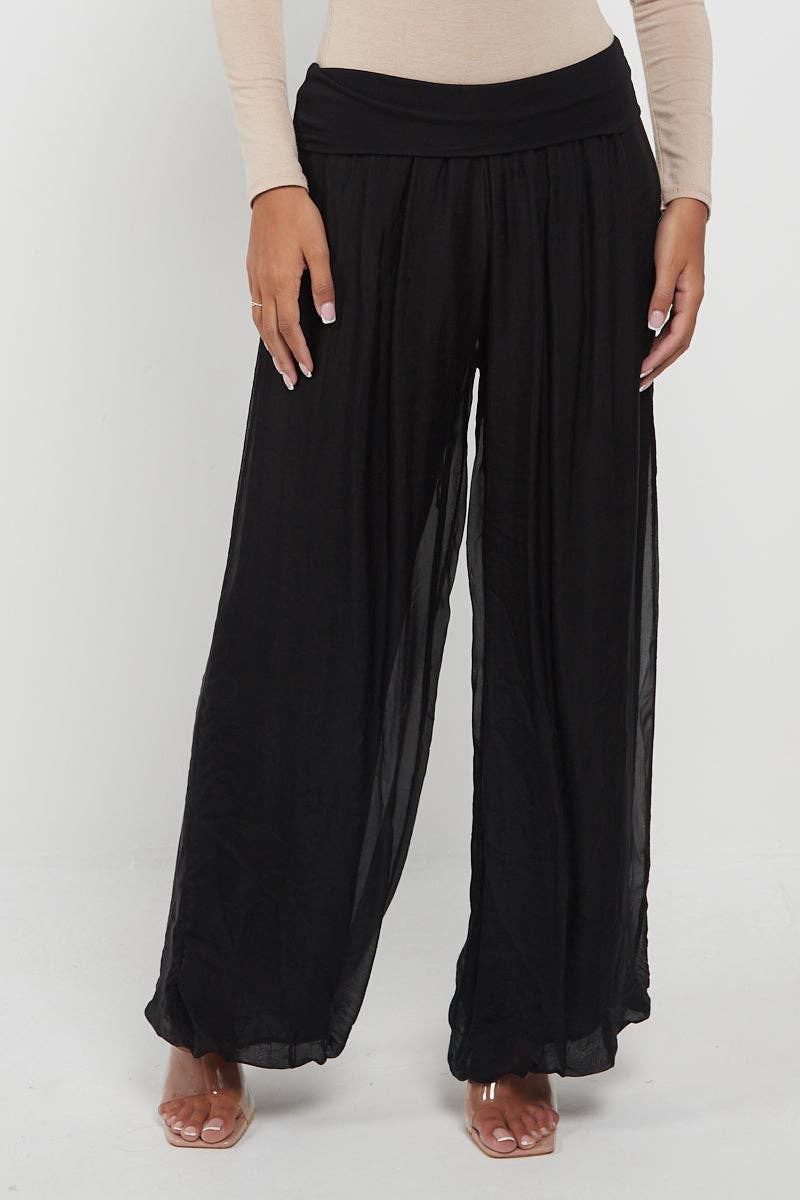 Italian Ladies Plain Wide Leg Silk Palazzo Trouser: Navy / One Size (UK 10-16)