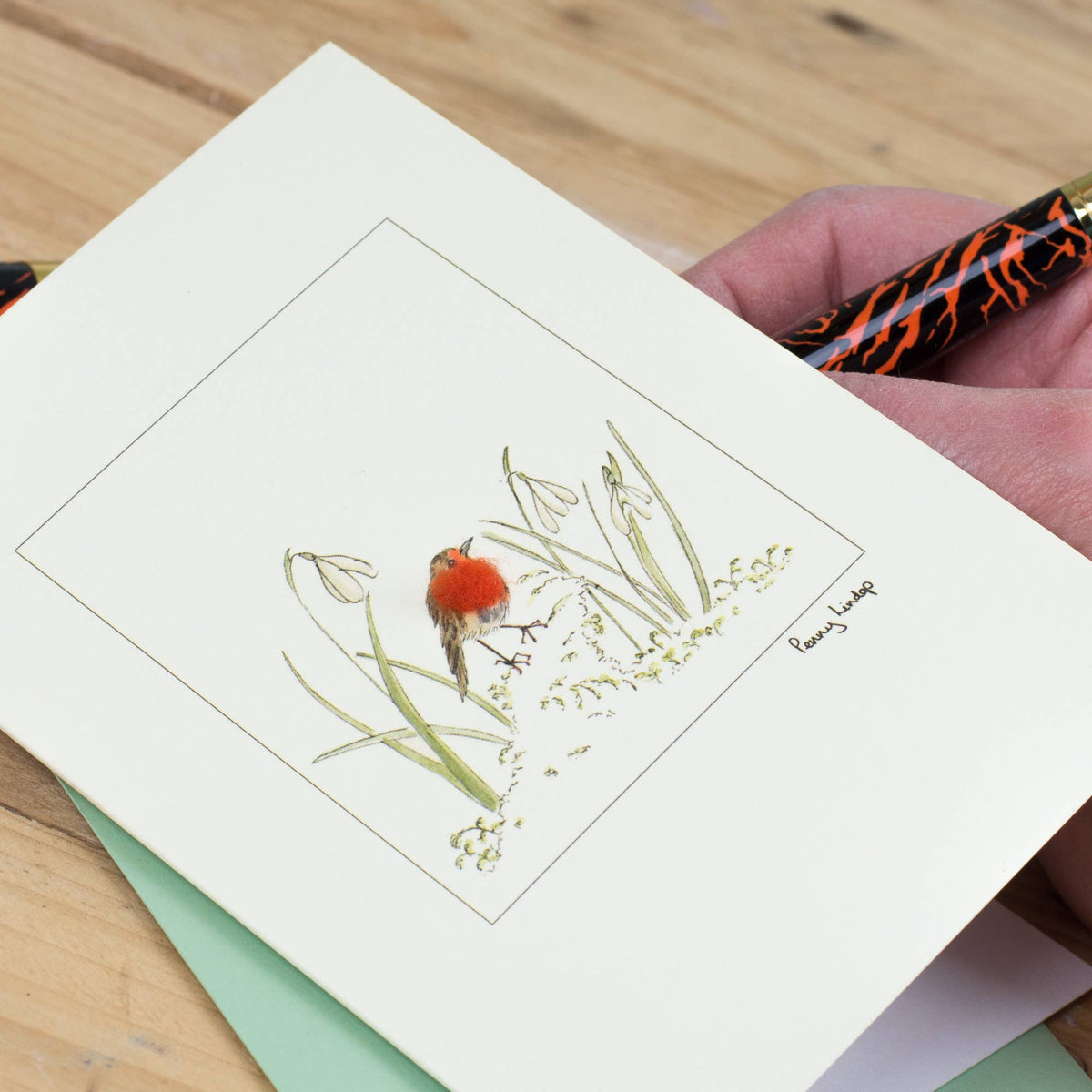Robin & Snowdrop Greetings Card with Wool Finish | Floral