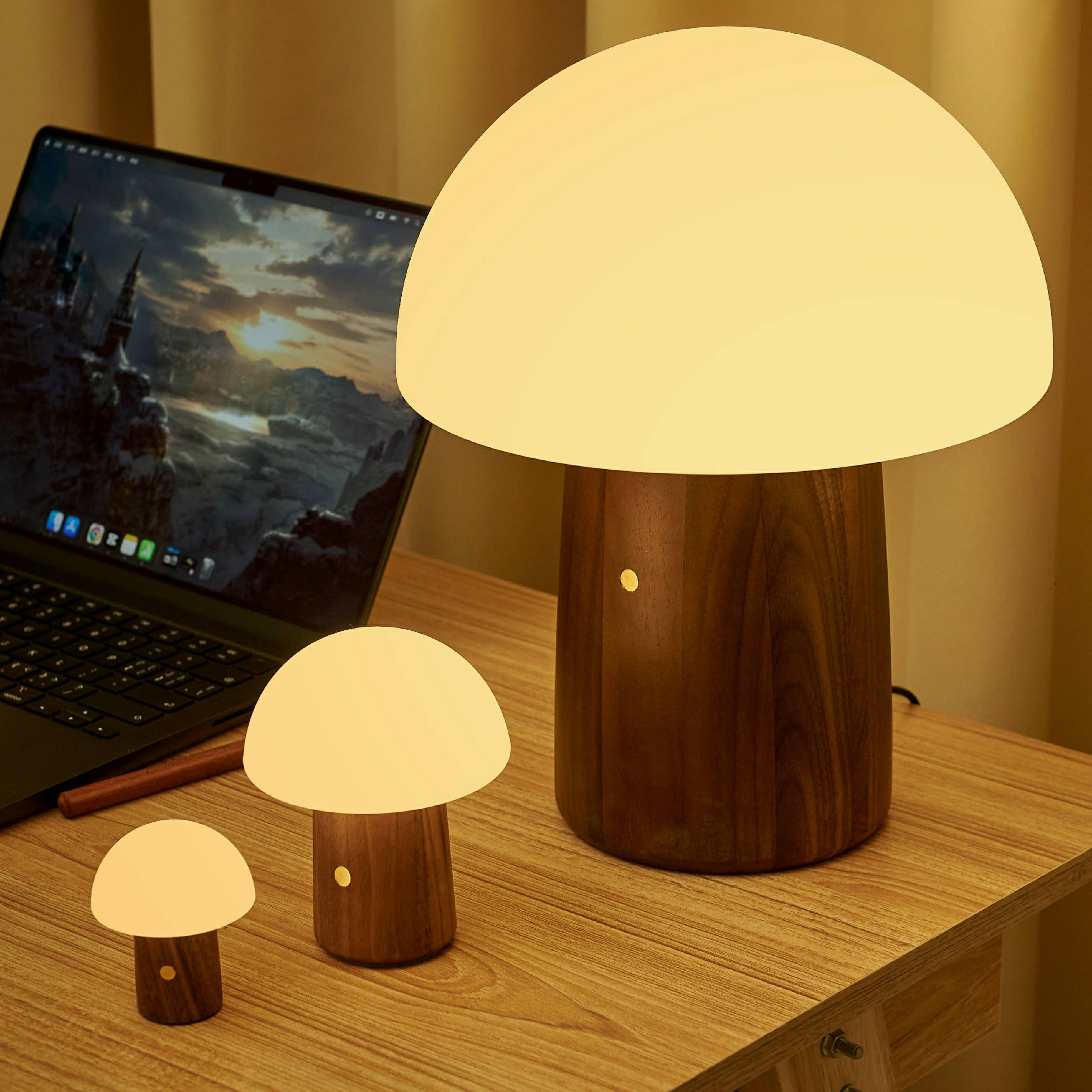 Warm glow Alice Mushroom Lamp Super Mini in walnut with wooden stem and translucent dome