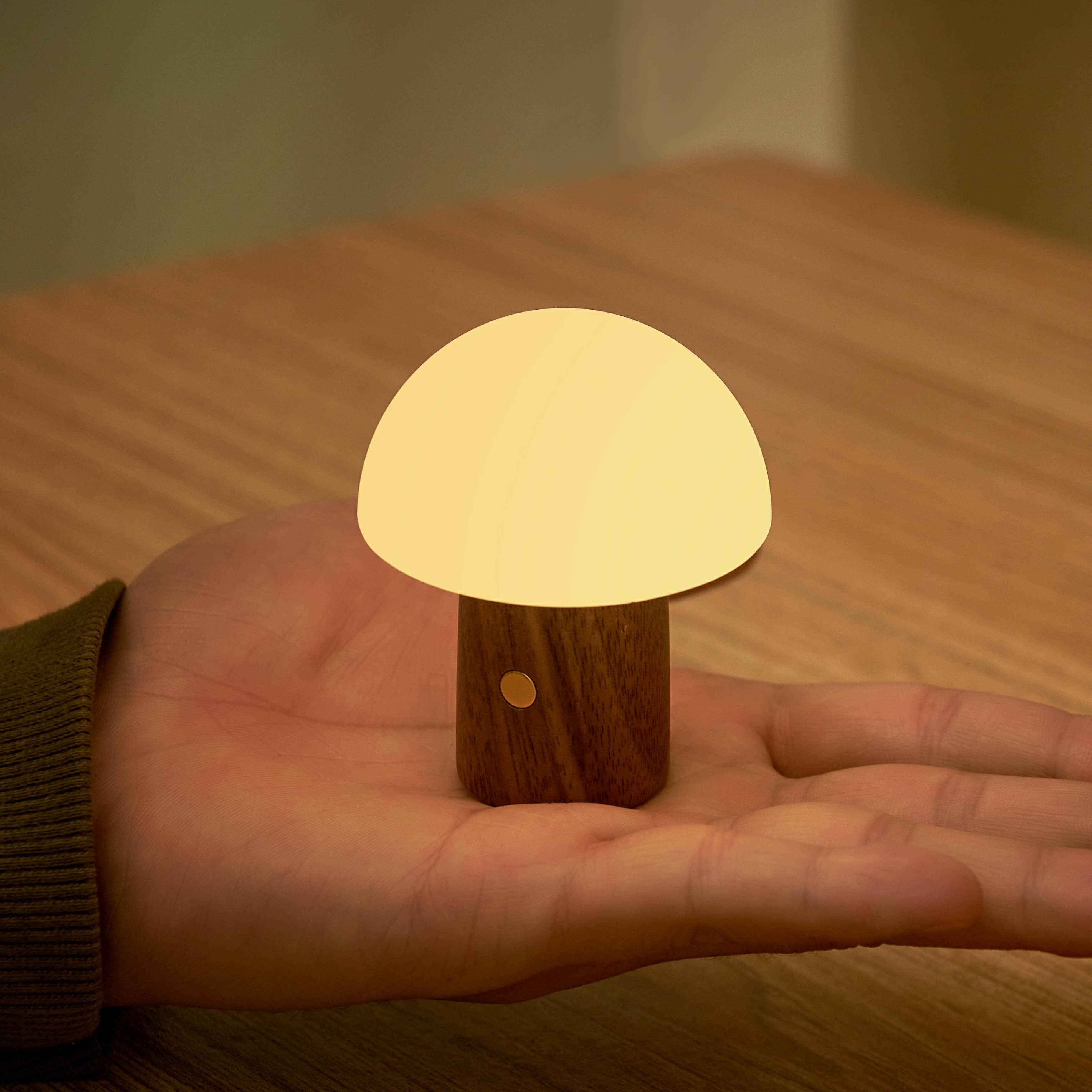 Warm glowing Alice Mushroom Lamp Super Mini in Walnut