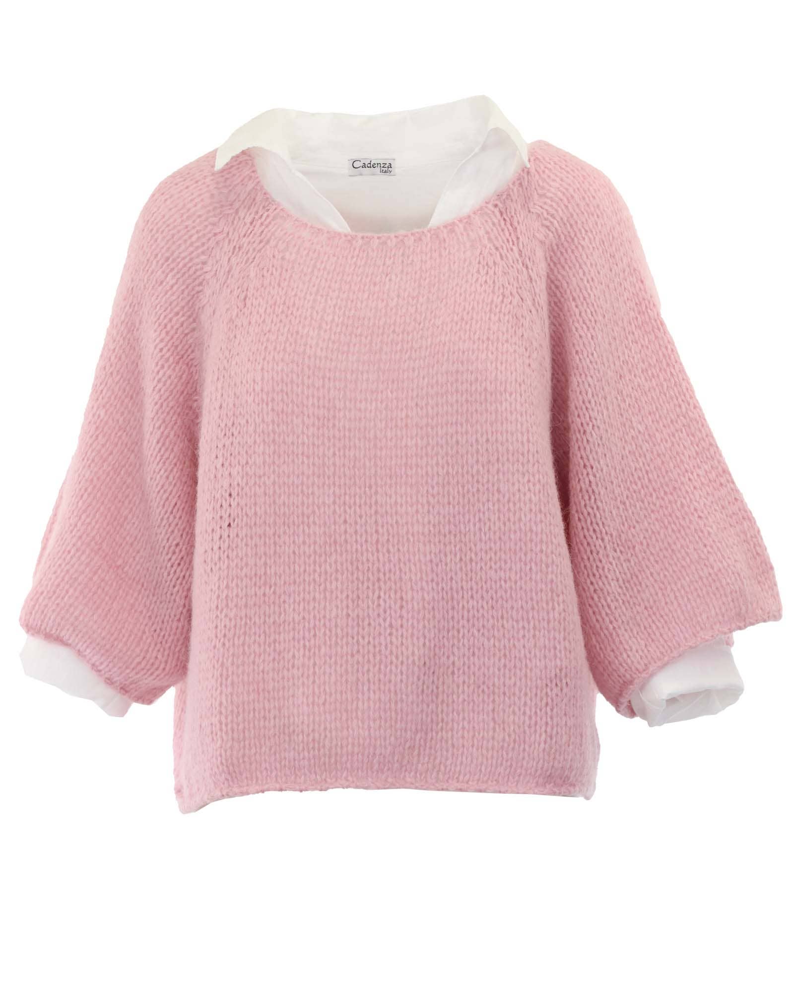 Soft pink textured Alpaca Blend Swing Jumper in moss with white collared shirt underneath