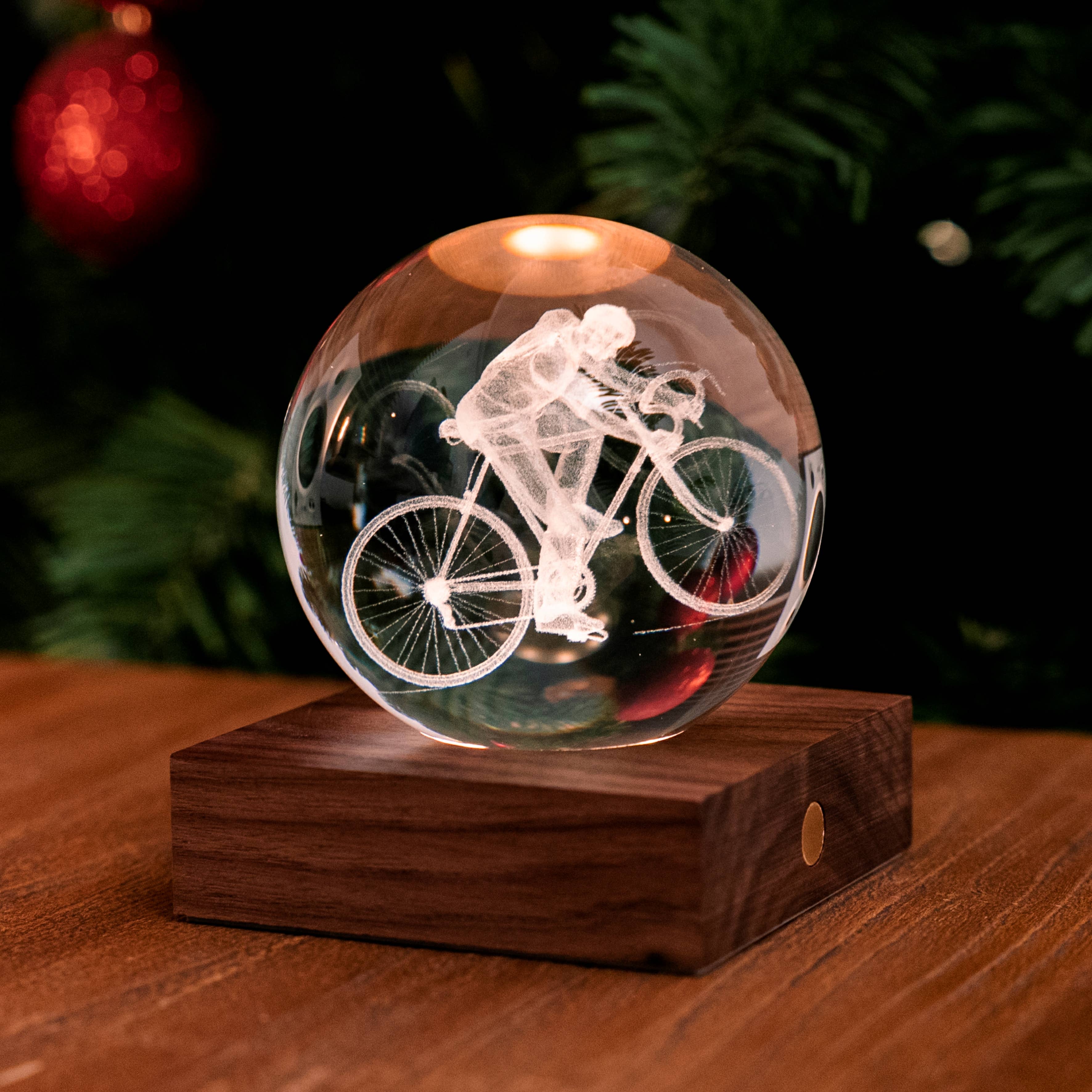 Amber Crystal Light Golf: engraved white bicycle orb on wood base
