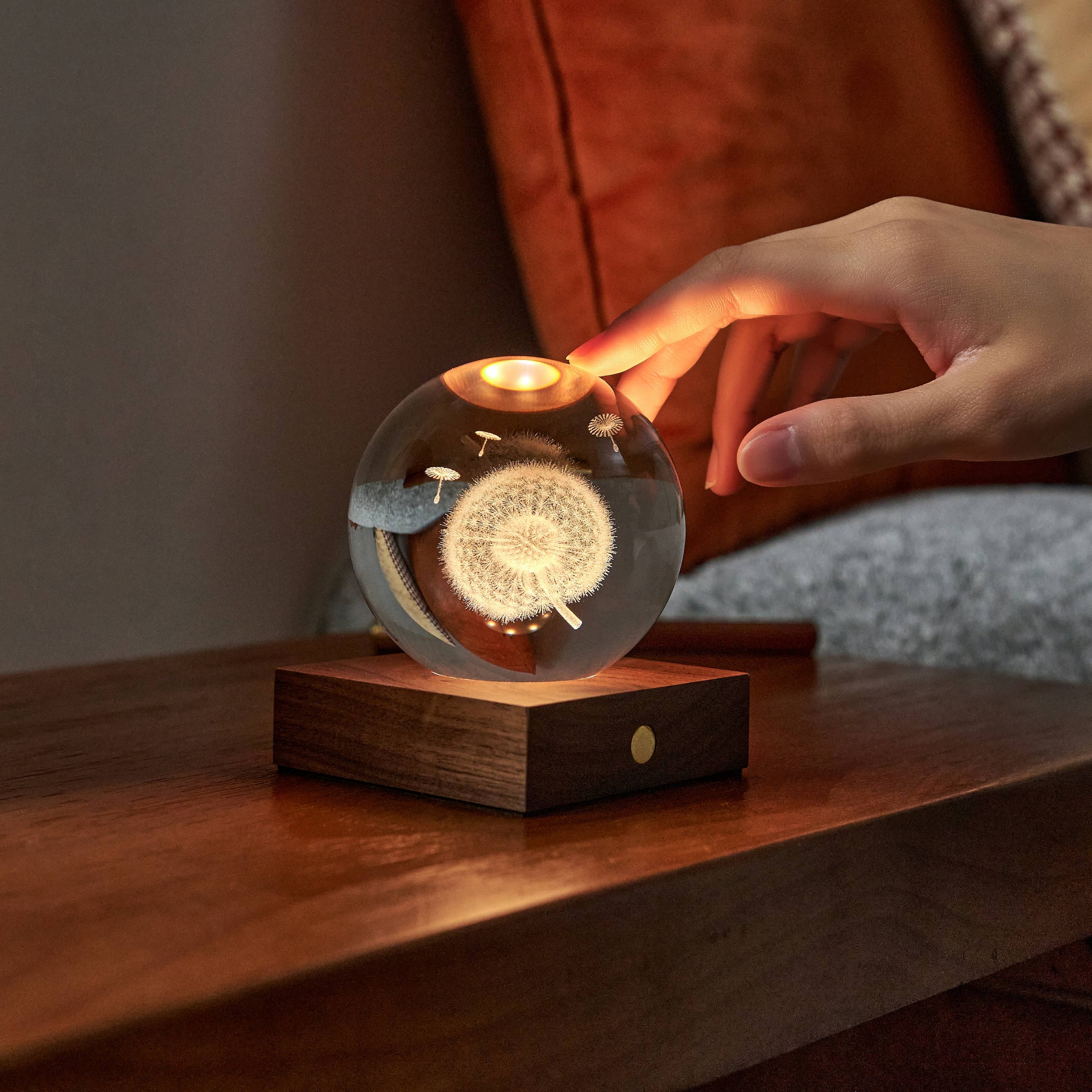 Amber Crystal Light Rain Cloud: etched dandelion glass sphere with warm glow