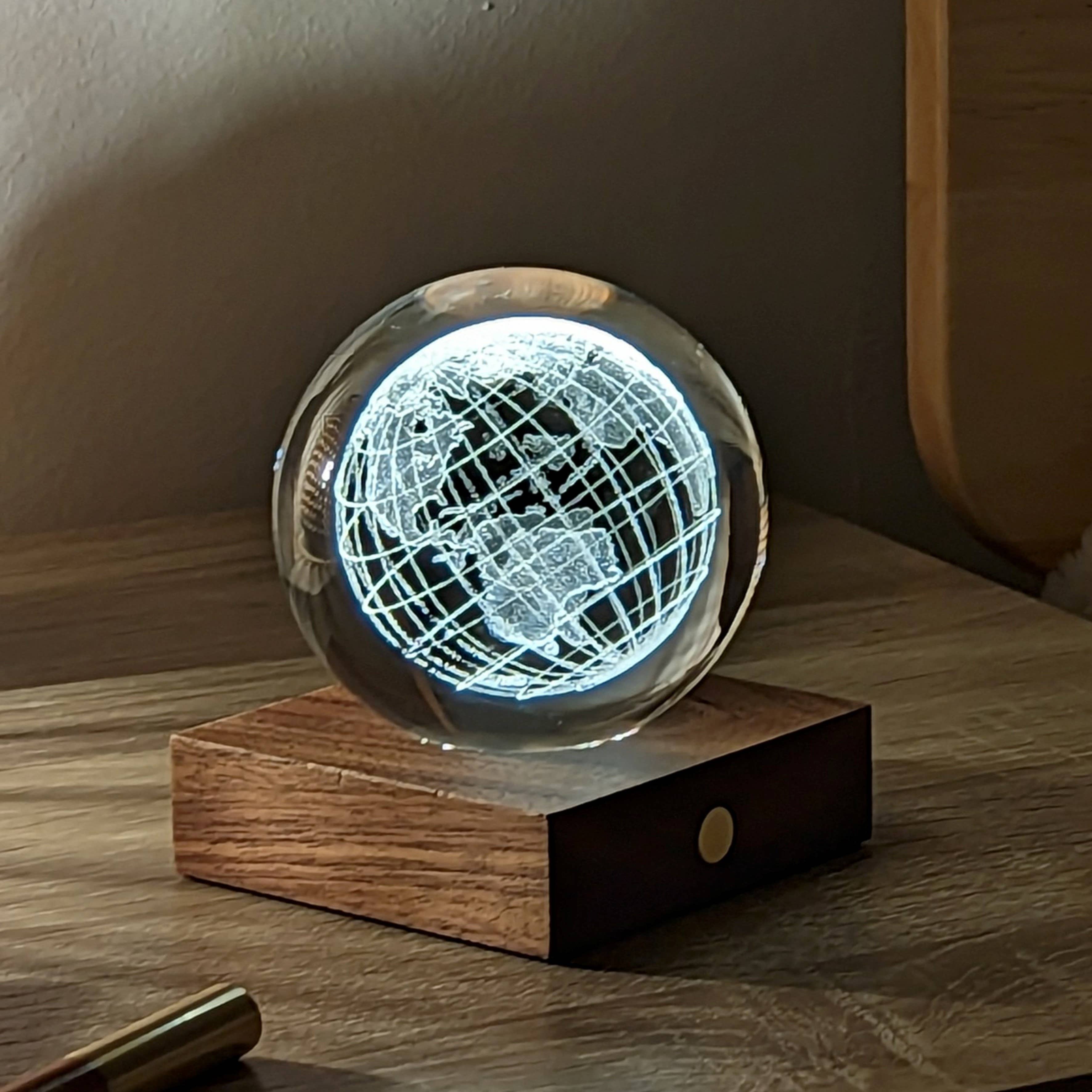Amber Crystal Light Rain Cloud: illuminated etched globe on wood base