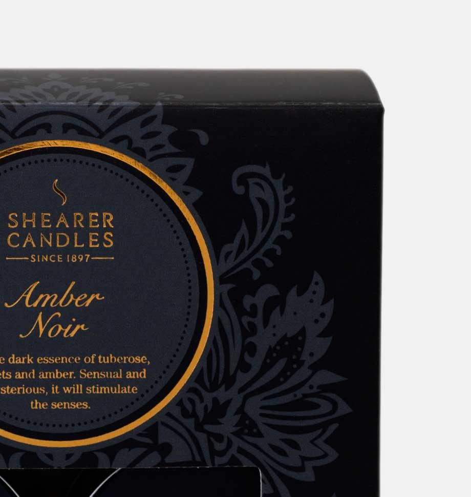Amber Noir Tealights in black box with gold floral lettering