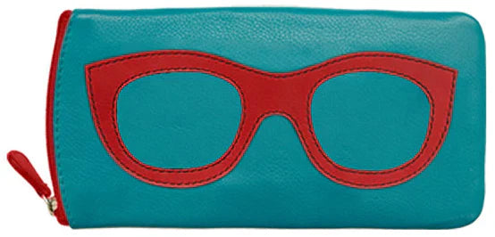 Teal leather pencil case with red stitched eyeglasses and matching zipper pull