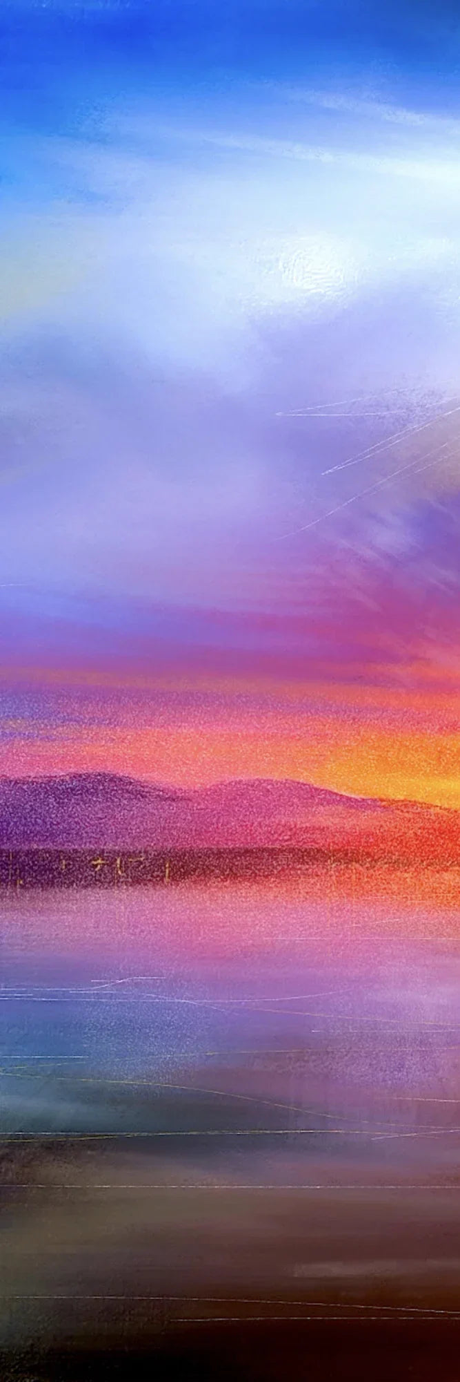 Vibrant abstract Arran sunset triptych wall art with swirling purple pink orange blue gradients over silhouetted Scottish hills