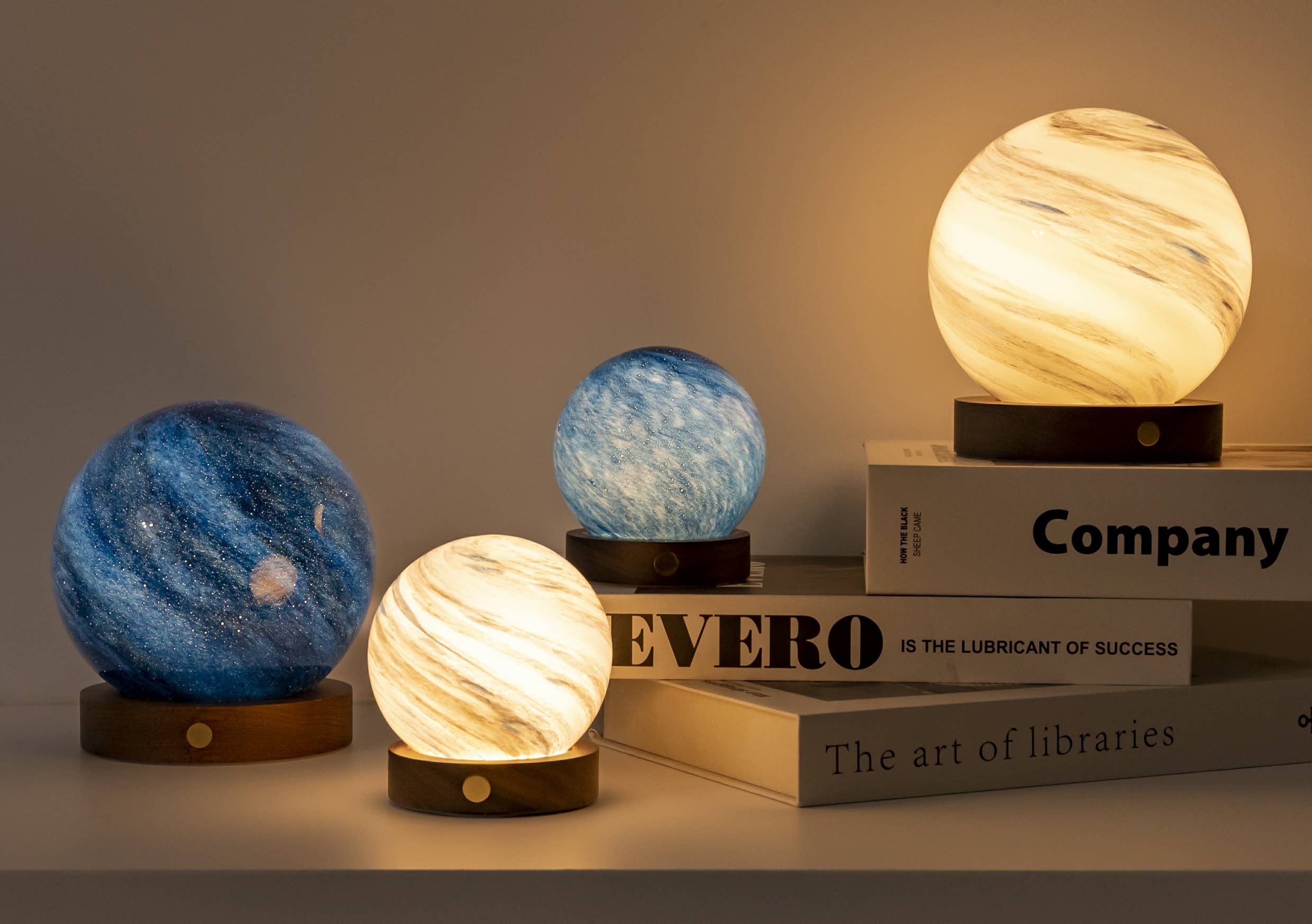 AstraGlass Light: Large Sand Storm spherical planet LED nightlight on wood base