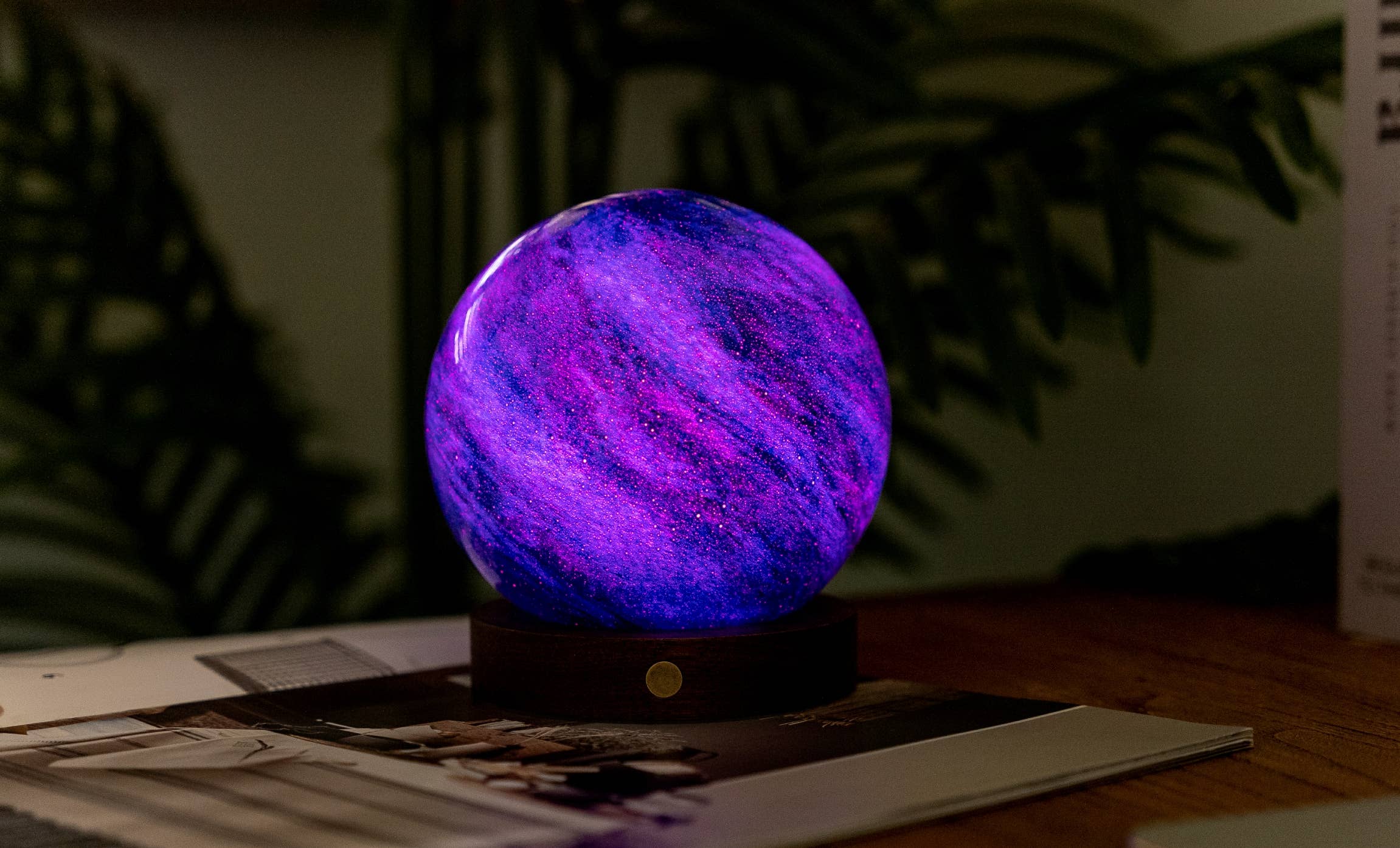 AstraGlass Light Mini Stellar Ocean glowing galaxy lamp on wood base