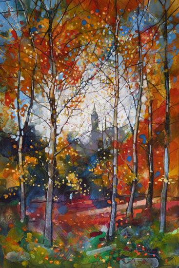 Vibrant watercolor autumn trees in orange, red, yellow leaves against blue sky, Autumn Walk mounted print