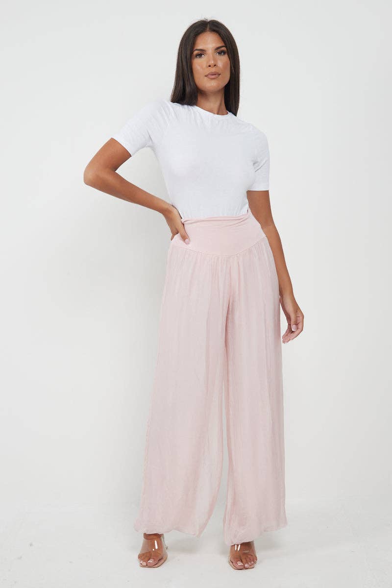 Italian Ladies Plain Wide Leg Silk Palazzo Trouser: Navy / One Size (UK 10-16)