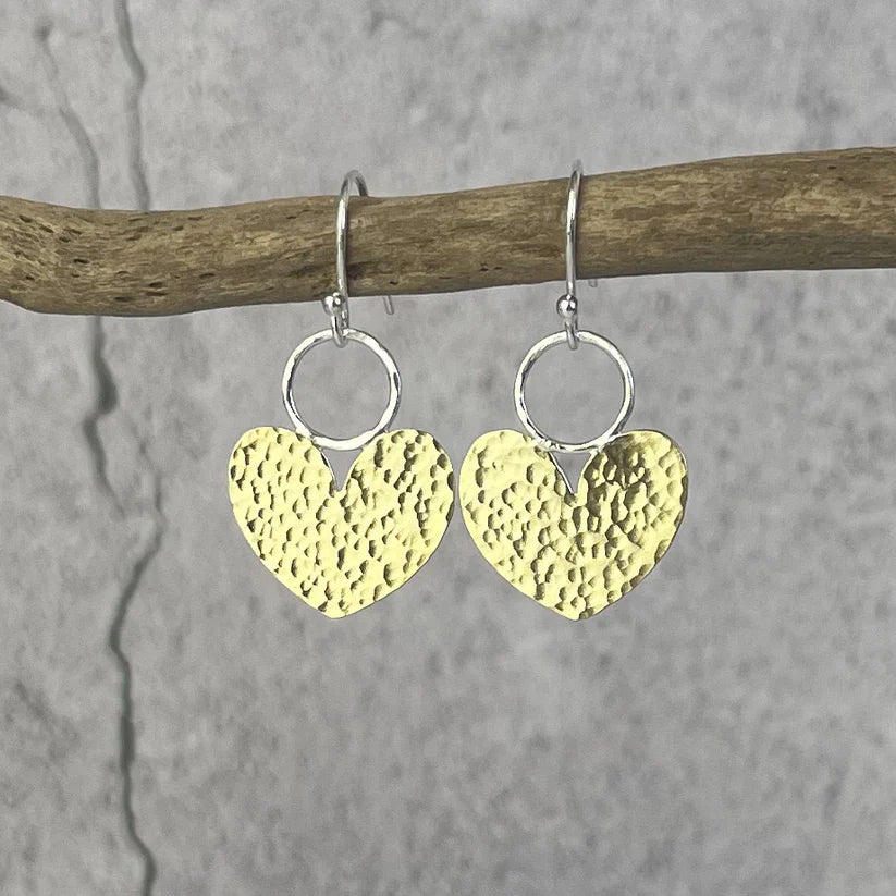 Beaten Brass Heart Earrings - Jewellery - Scotland