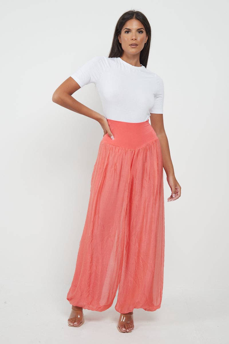 Italian Ladies Plain Wide Leg Silk Palazzo Trouser: Navy / One Size (UK 10-16)