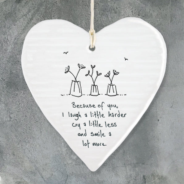 White porcelain heart ornament with vases and quote Because of You