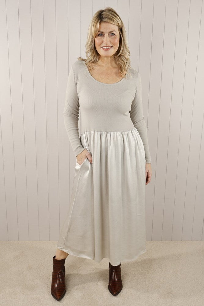 Light gray long-sleeved midi Beige Venus Dress with gathered waist