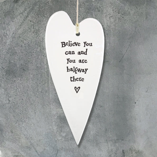 White ceramic Believe You Can Heart hanging ornament with quote