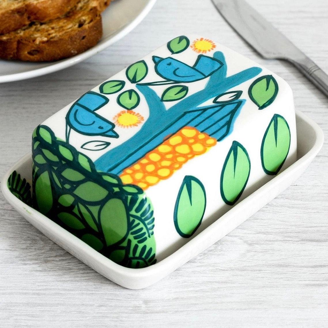 Birds Butter Dish: White Ceramic with Colorful Hand-Painted Blue Birds Design