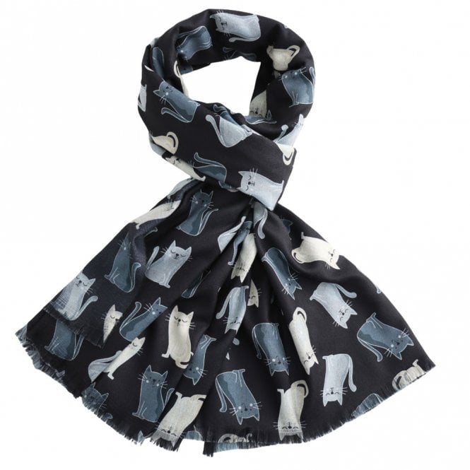 Black Cats Scarf with playful gray and white cat pattern, frayed edges