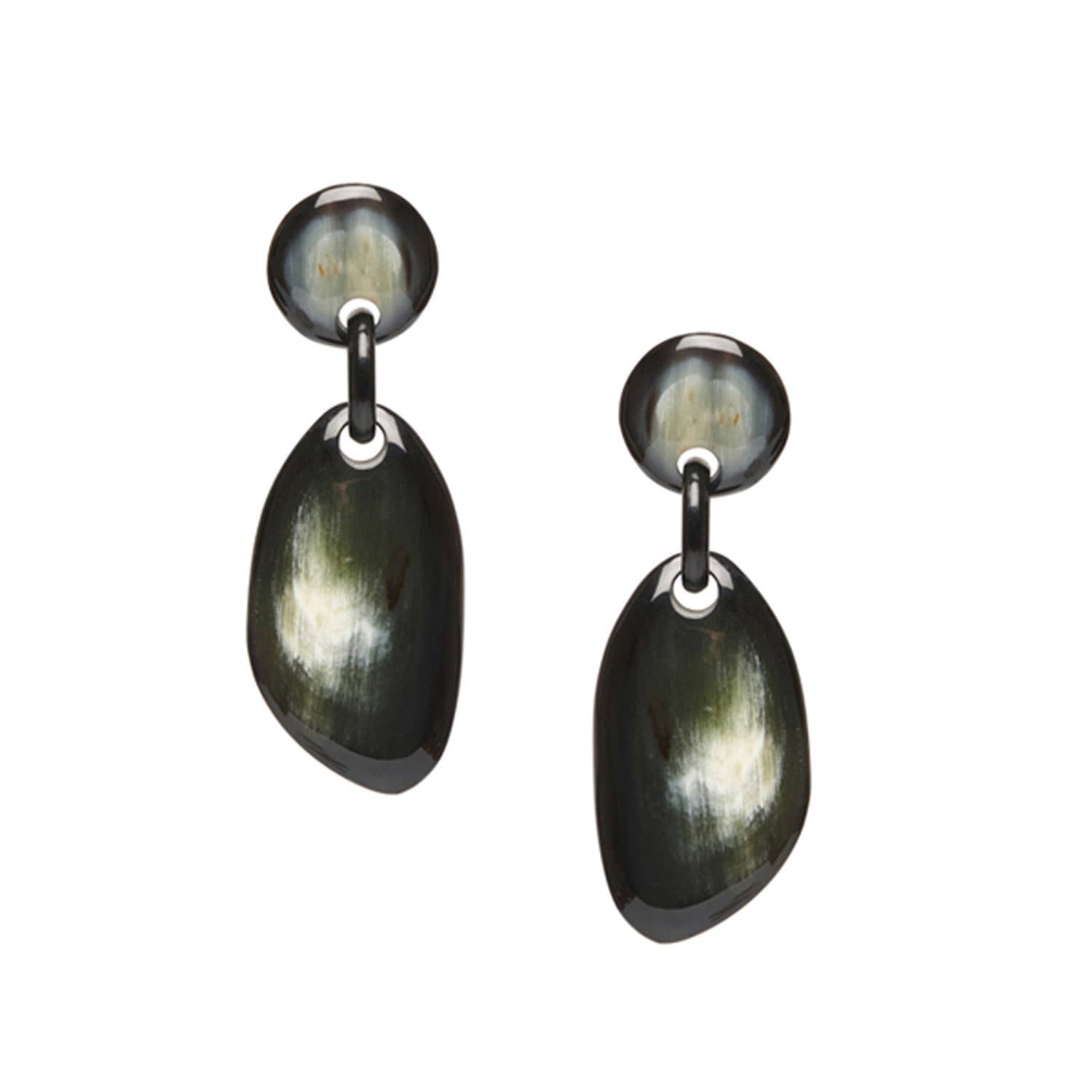 Black and green iridescent natural pebble drop horn earrings