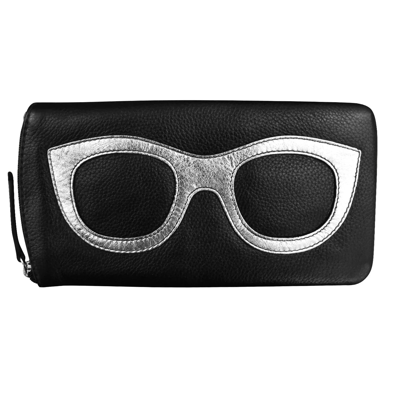 Black leather wallet with silver cat-eye glasses stitched design