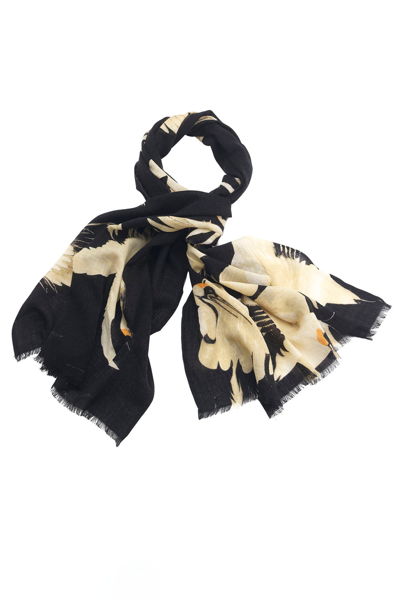 Black Stork Wool Scarf in black and cream with crane print and frayed edges