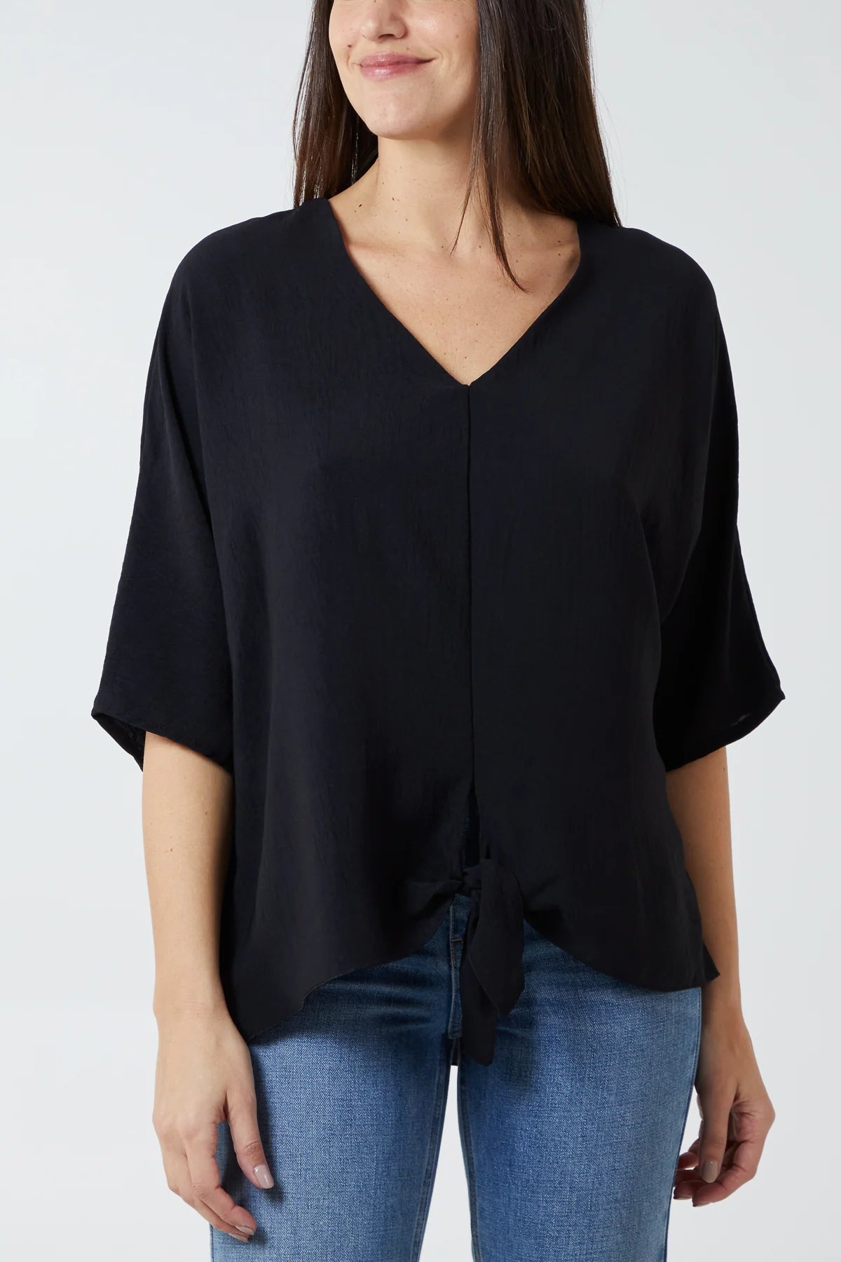 Black V-Neck tie front top