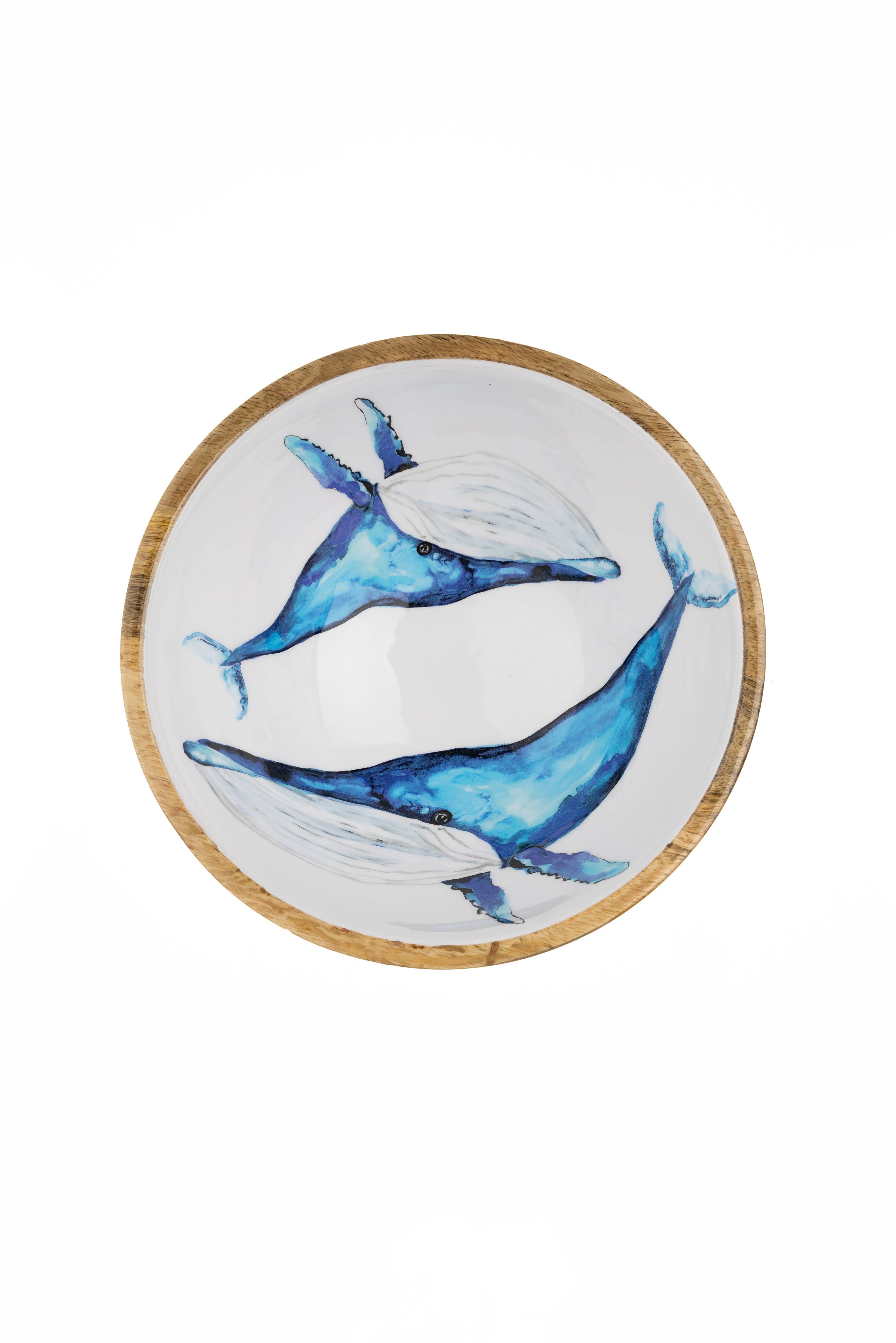 Blue Whale Bowl: 25cm white ceramic bowl with wooden rim and watercolor whales