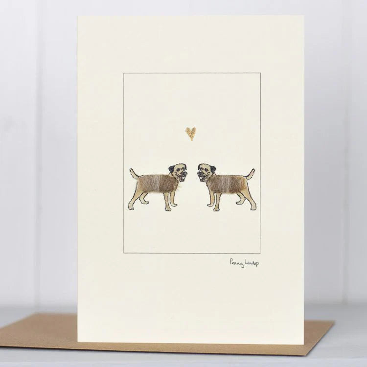 Cream-colored Border Terriers in Love greeting card with gold heart