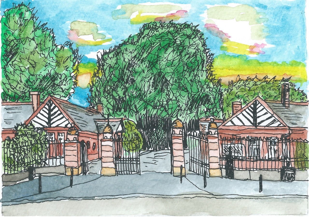 Pink brick house with black and white striped roof in Botanics framed print