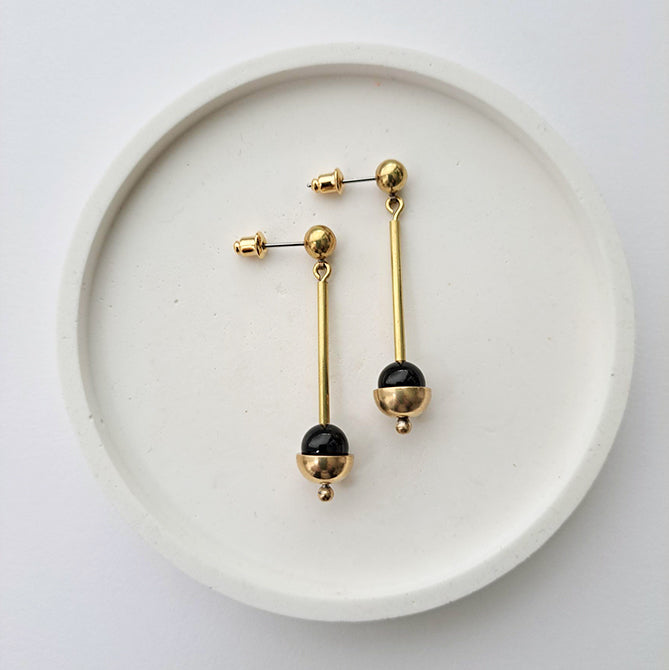 Gold-toned brass cup earrings with black onyx gemstone beads
