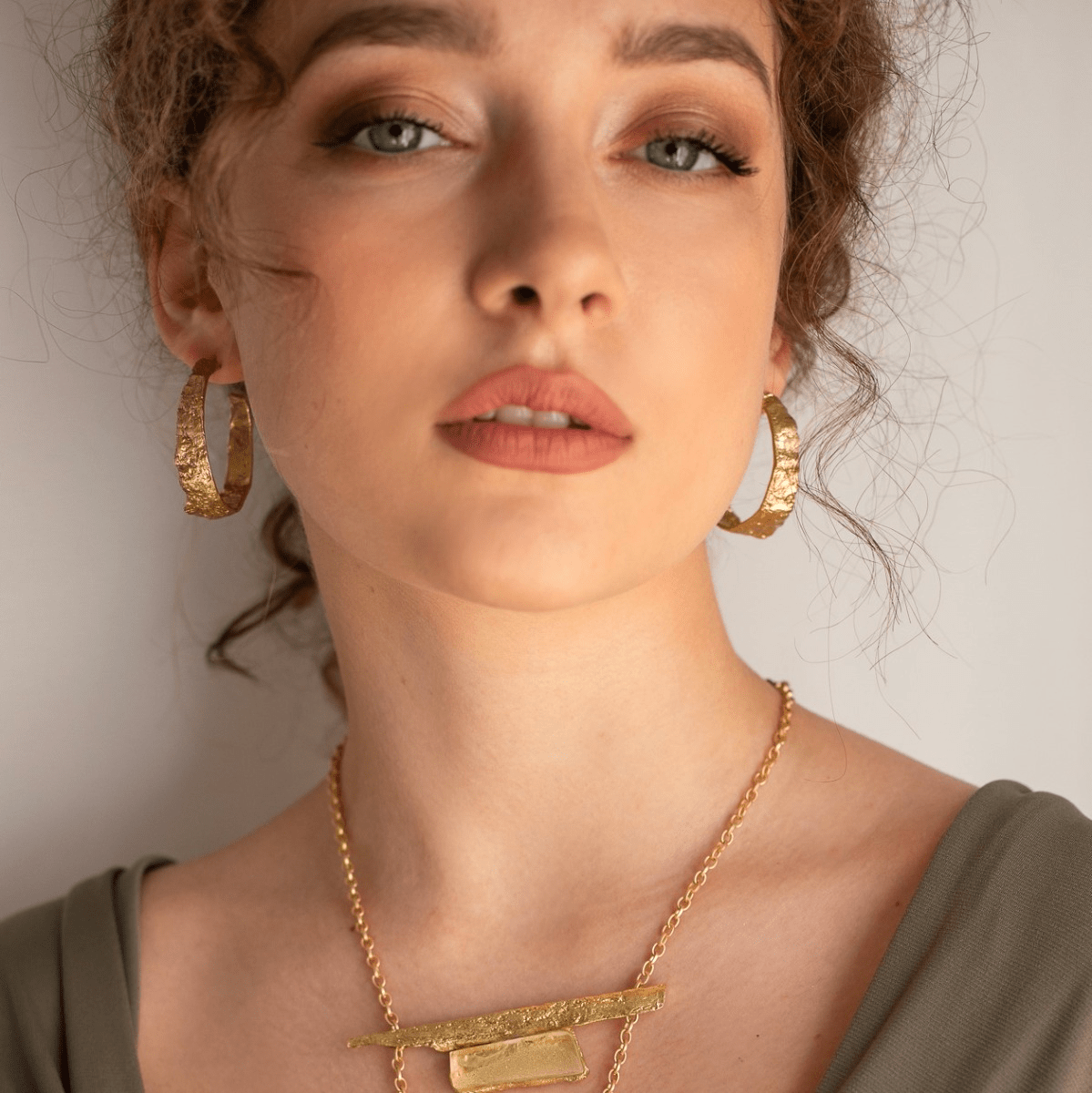 Gold-toned hammered textured hoop bronze earrings