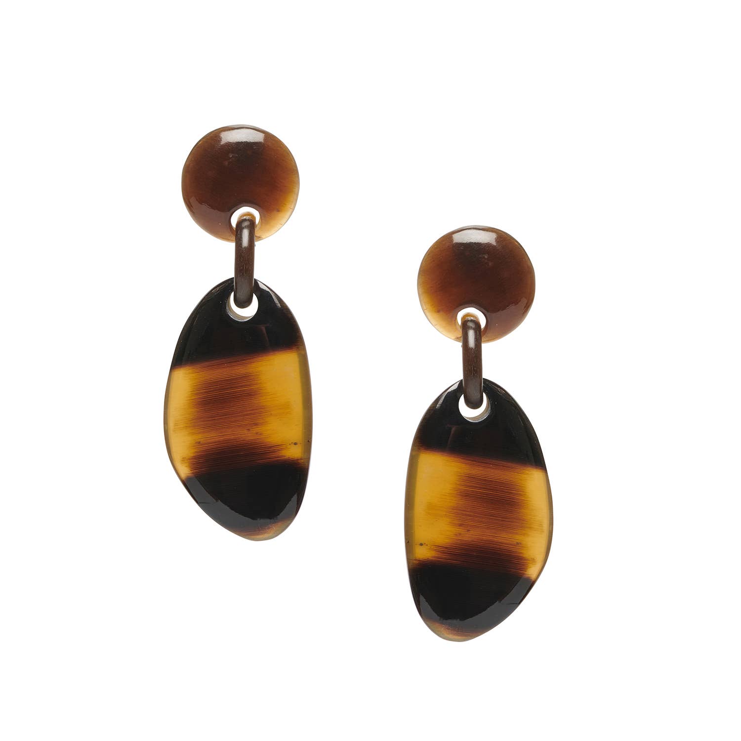 Tortoiseshell oval drop horn earrings with glossy brown pebble beads