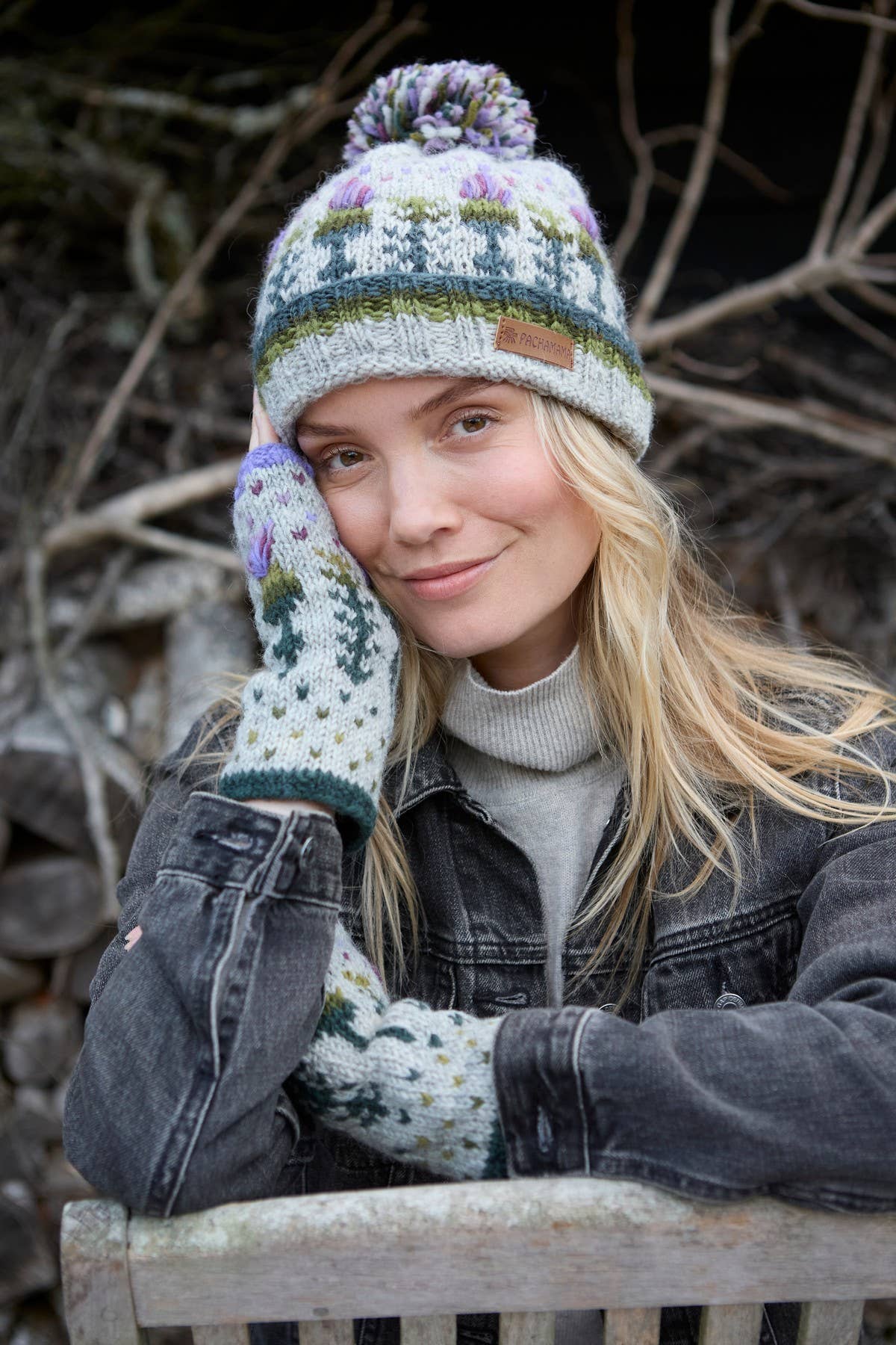 Scottish Thistle Knit Fingerless Gloves Grey Wool Floral: One Colour