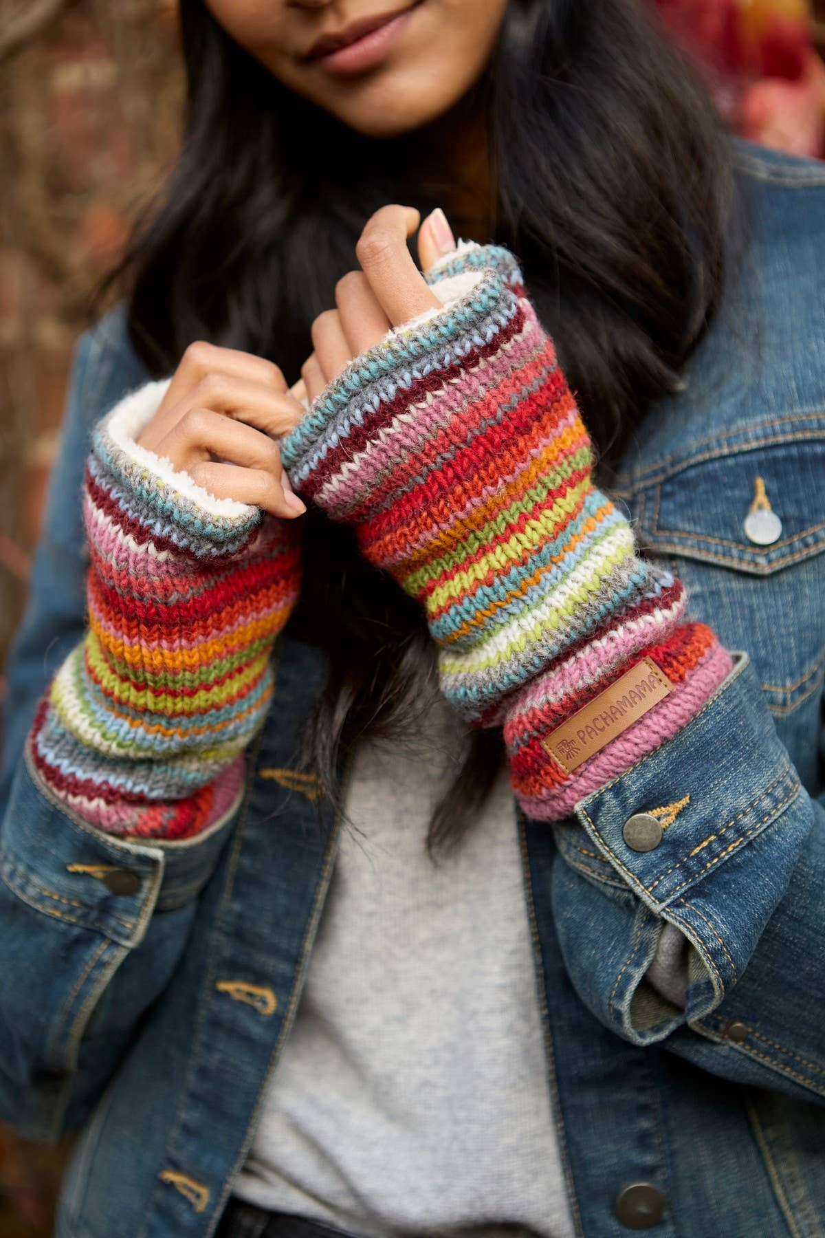 Seville Knit Fingerless Gloves Sunset Striped Sherpa Fleece: Handwarmer
