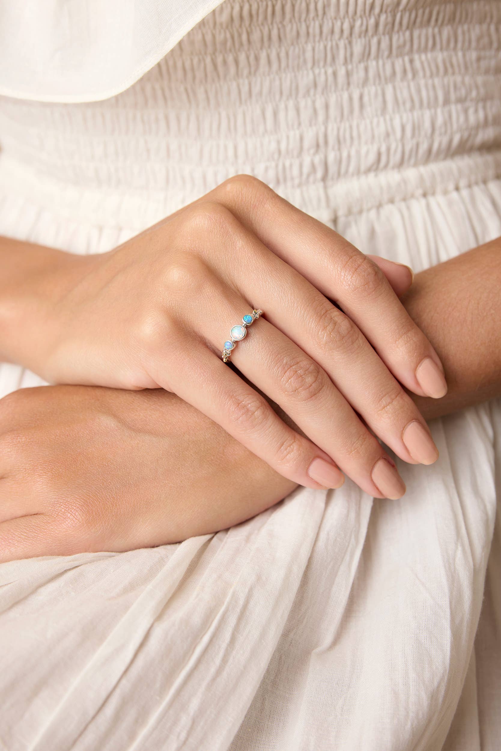 Handmade Sterling Silver Dainty Three Opalite Ring: S