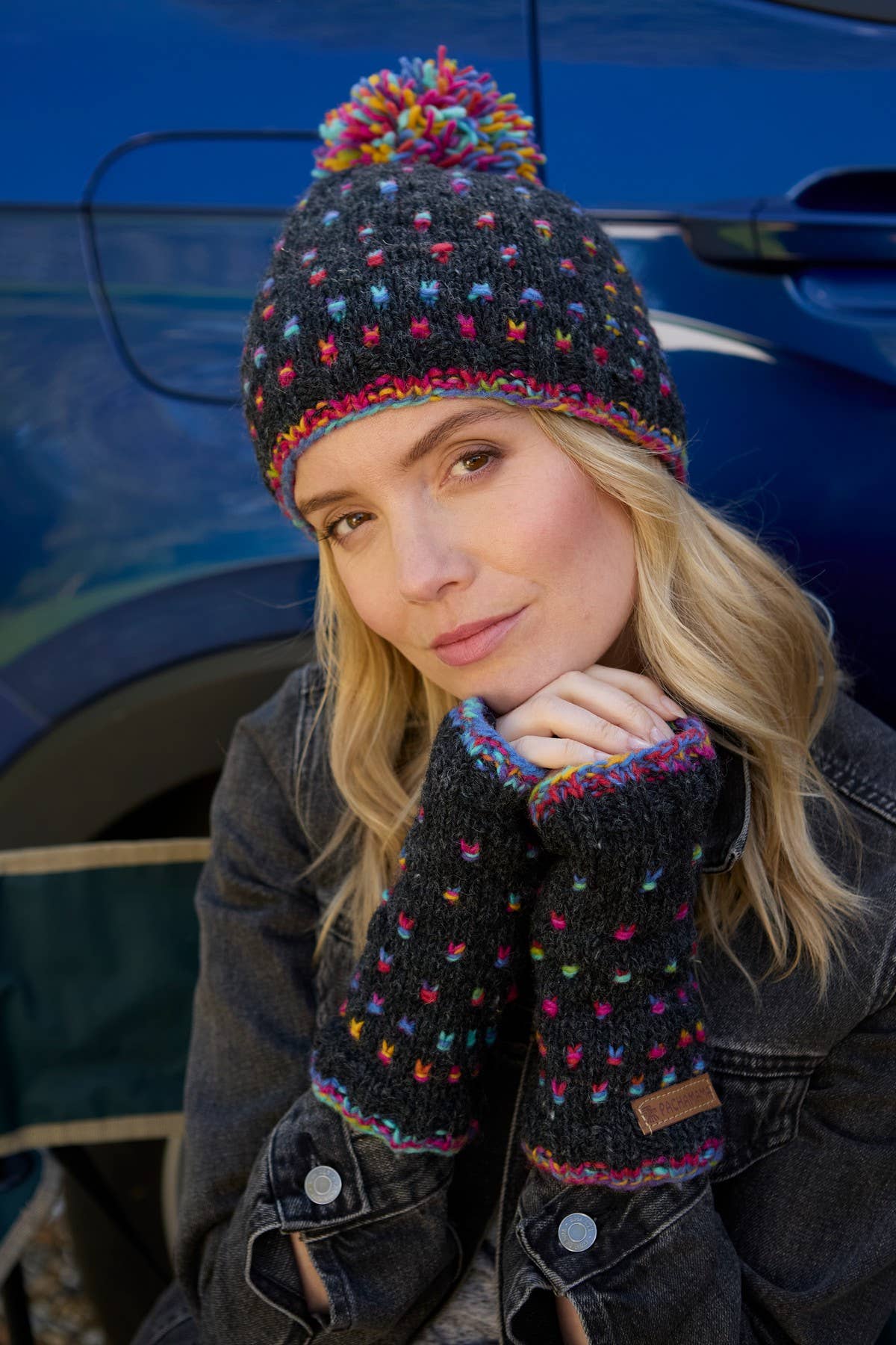 Mosaic Space Dyed Wool Knit Fingerless Gloves Black: One Colour